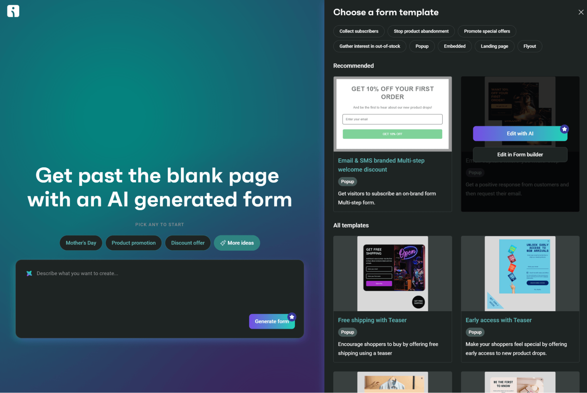 Promotional SMS examples: Omnisend's interface displays an AI tool for generating forms. The left side shows a prompt to create a form with options like Mothers Day and Product promotion. The right side lists template choices and a preview of selected templates.
