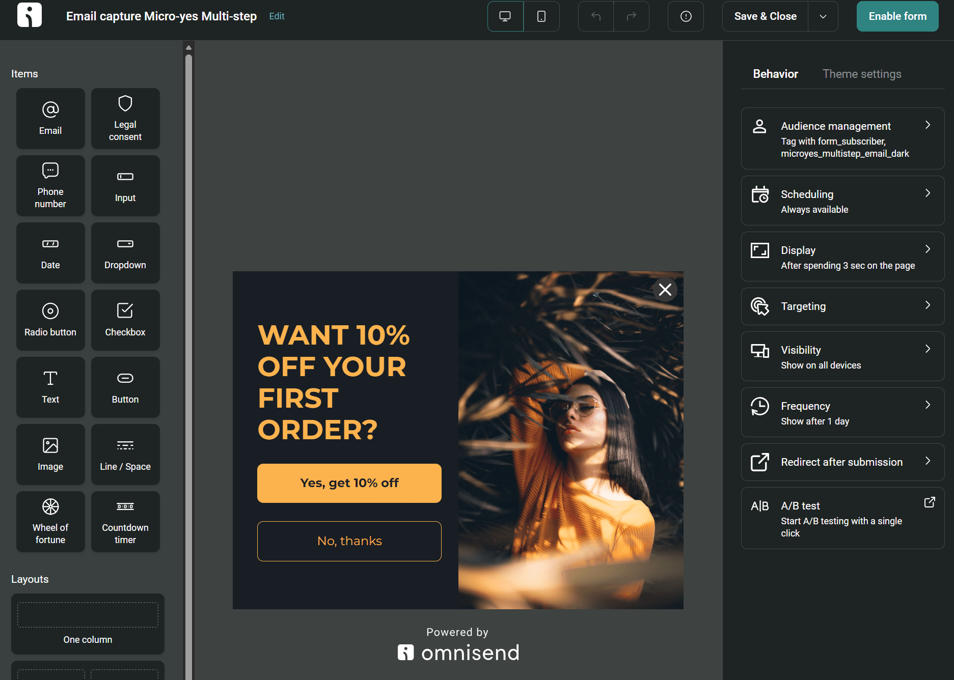 Promotional SMS examples: Omnisend's dashboard for creating an email capture form, showing a pop-up design offering 10% off your first order with Yes, get 10% off and No, thanks buttons, and editing options on both sides.