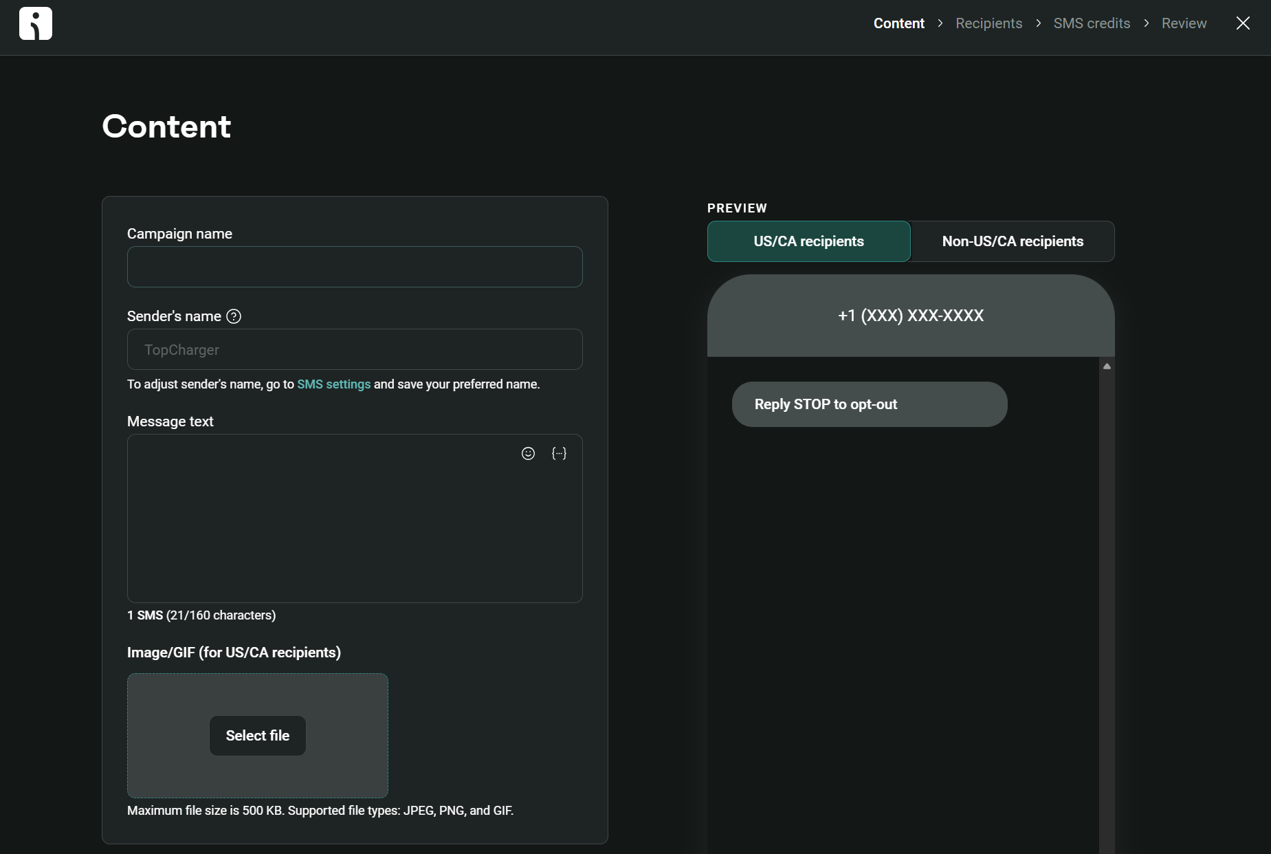 Promotional SMS examples: Omnisend's SMS campaign interface with fields for campaign name, sender’s name, message text, and image upload. A phone preview on the right shows a sample message and “Reply STOP to opt out.”.