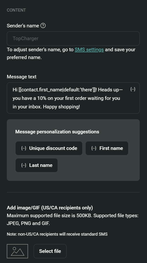 Promotional SMS examples: Omnisend's interface showing fields to set a senders name and compose a message, with options for message personalization and to add an image or GIF. There are suggested personalization tags and supported file types listed.