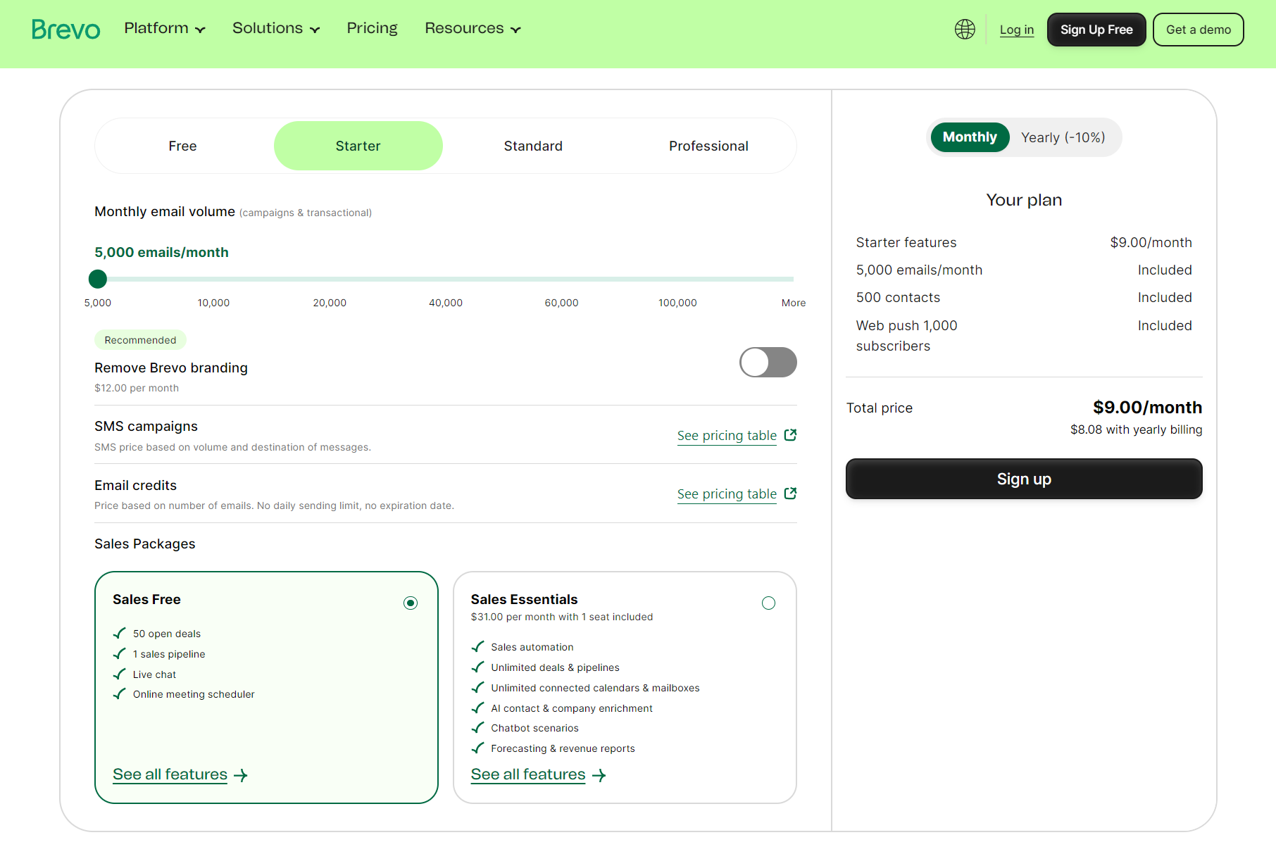 Cheaper than Klaviyo: Screenshot of Brevo’s pricing page showing the “Starter” plan for $9/month, which includes 5,000 emails, no daily sending limit, and options to remove branding and add SMS campaigns. A summary of selected features is shown on the right.