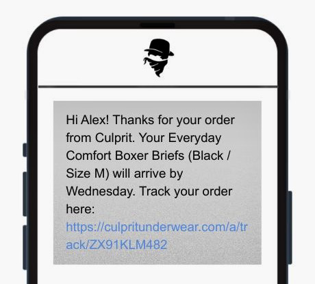 Order confirmation SMS: A smartphone screen displays a message confirming an order of black, medium Everyday Comfort Boxer Briefs from Culprit, with a tracking link and estimated arrival by Wednesday.