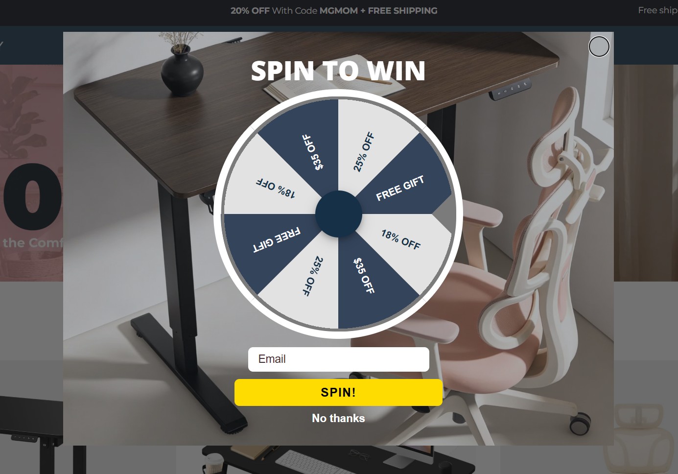 How to grow your email list: A pop-up wheel labeled SPIN TO WIN appears over a website, offering prizes like discounts and a free gift. Below the wheel is a field to enter an email and a yellow SPIN! button, with No thanks as an option underneath.