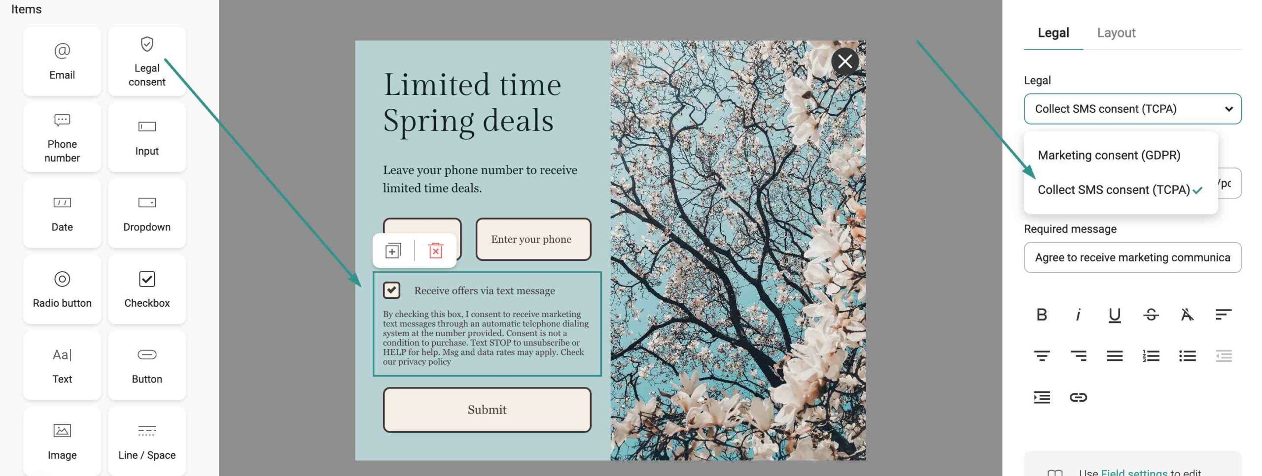 SMS program: A website form builder interface showing a spring-themed promotional form with a floral background, a phone number entry field, consent checkboxes, and a submit button. Sidebar and settings panels are visible on both sides.