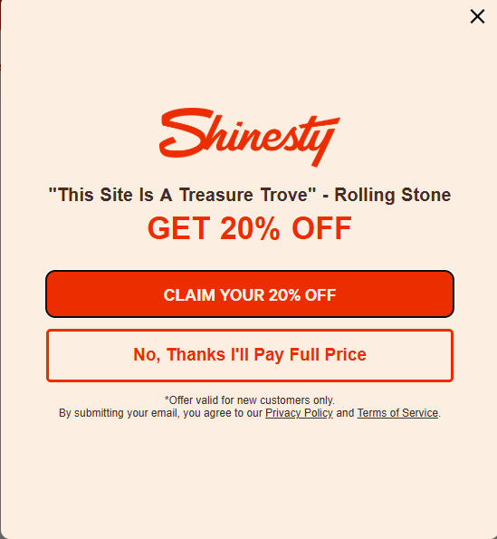 SMS opt-in message examples: Popup ad for Shinesty offers 20% off for new customers, with a quote from Rolling Stone, and two buttons: Claim Your 20% Off and No, Thanks Ill Pay Full Price. Terms and privacy policy links are below.