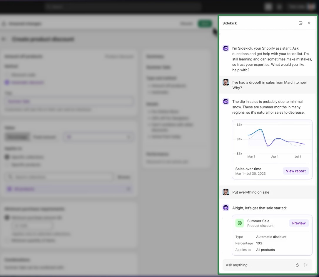 WooCommerce vs. Shopify: A Shopify dashboard shows the Sidekick assistant panel open. The assistant explains a drop in sales using a graph, suggests reasons for the dip, and helps set up a summer sale automatic discount. The main screen is blurred.