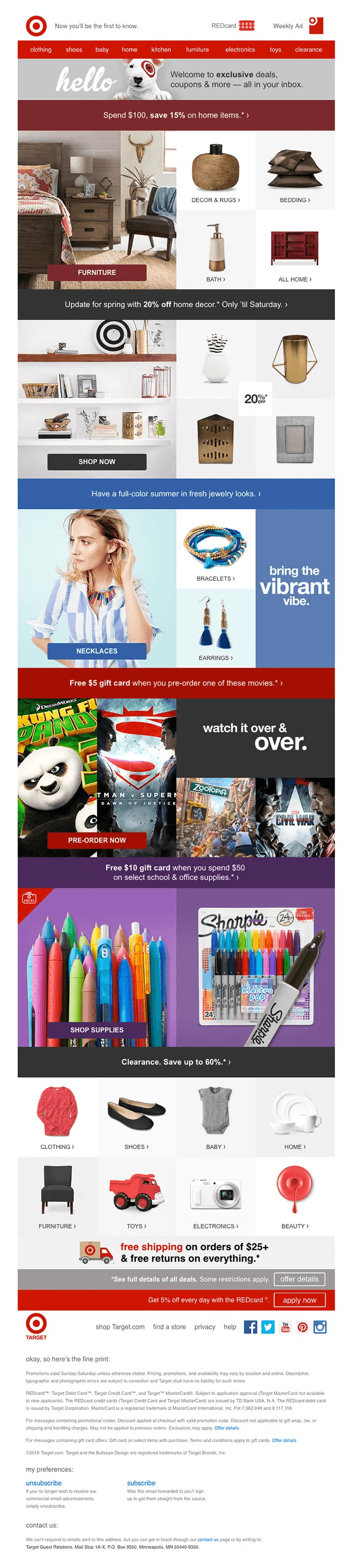 Electronics email marketing: Screenshot of a Target email ad featuring home decor, kitchen items, fashion, art supplies, and cleaning products, with bright banners, product images, prices, and the Target logo at the top and bottom.