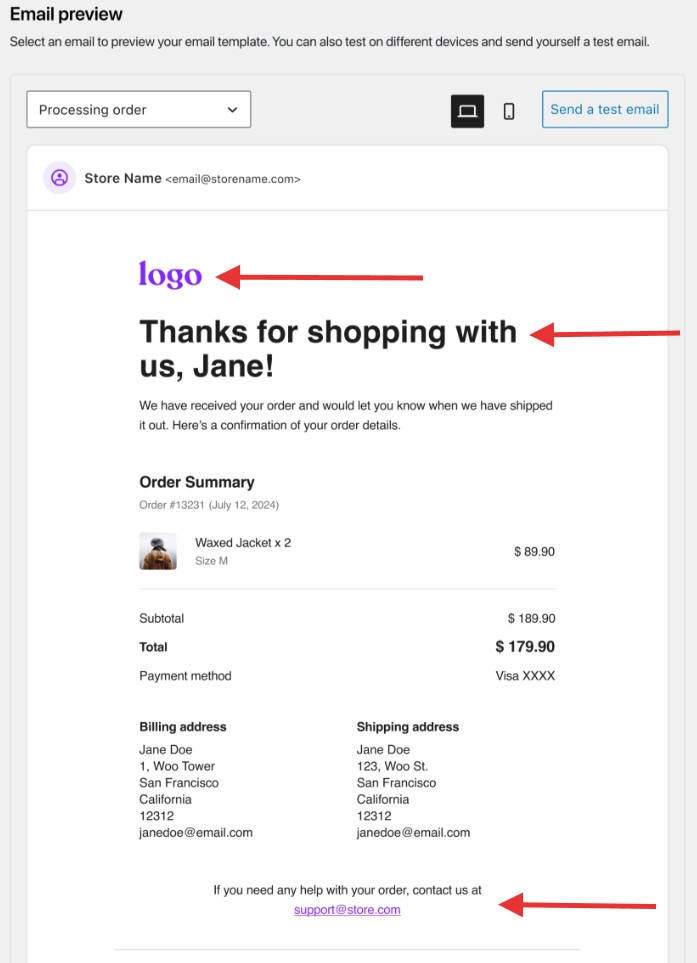 WooCommerce order confirmation email: An order confirmation email preview shows a store logo, a thank you message, order details for a waxed jacket, prices, Jane Doe’s billing and shipping addresses, and a contact email for support.
