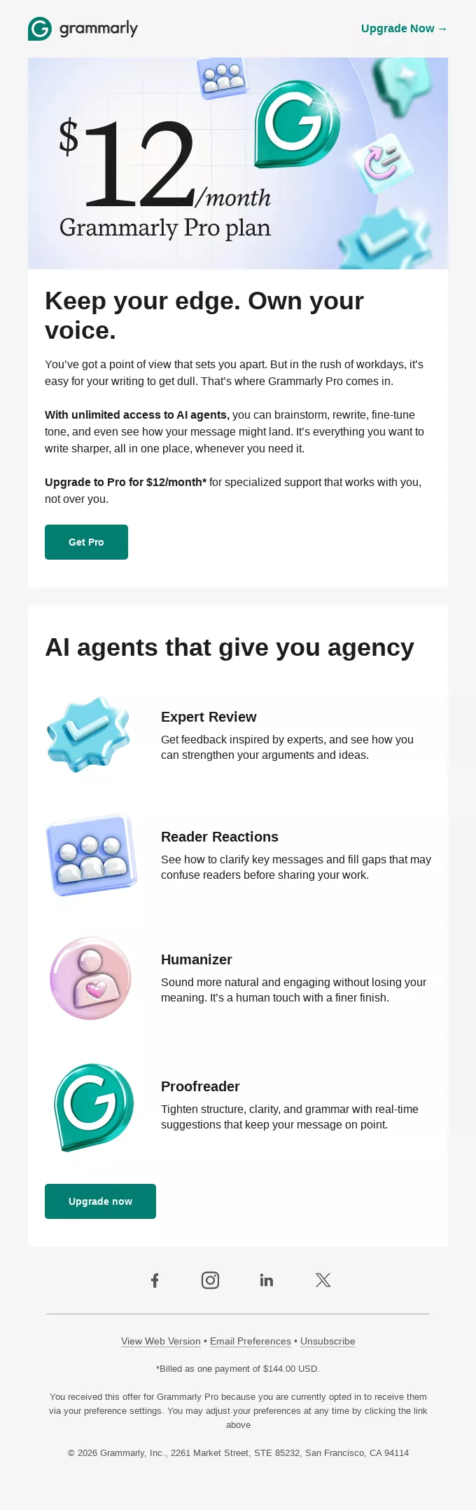 Lifecycle email marketing: A promotional email from Grammarly advertising the Pro plan at $12/month, highlighting AI-powered features like Expert Review, Reader Reactions, and Proofreader, with buttons to upgrade and Grammarly branding throughout.