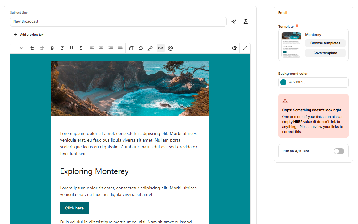 ConvertKit vs Mailchimp: Screenshot of an email editor interface showing a template with a beach photo at the top, placeholder text, and a blue Click here button. A warning on the right says a link is incorrect or missing.