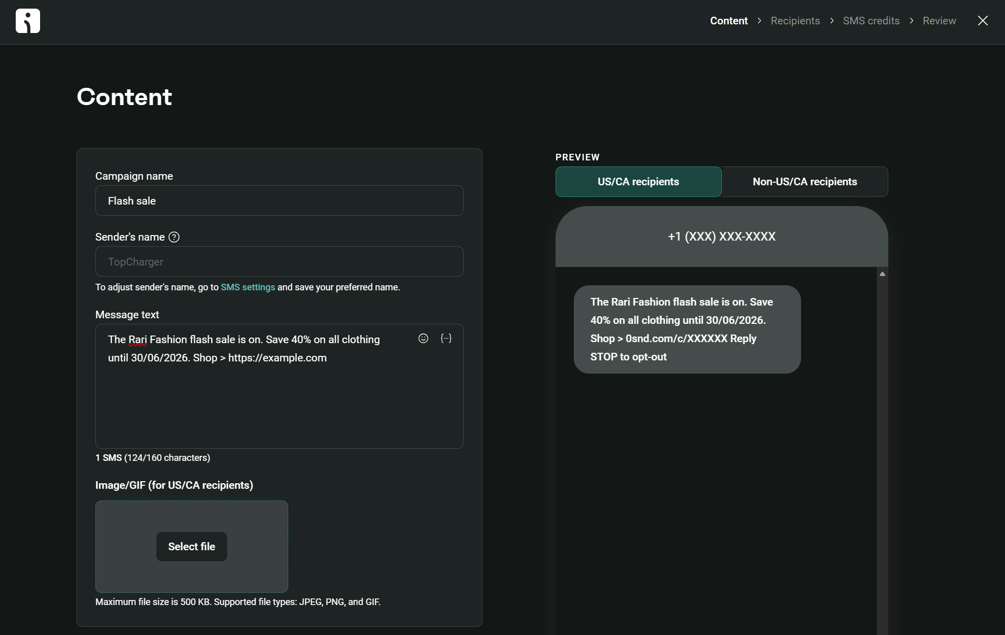 Benefits of SMS marketing: A dark-themed web interface for creating SMS campaigns shows fields for campaign name, senders name, and message. A preview on the right displays a sample SMS about a fashion sale with an option to reply STOP to opt out.