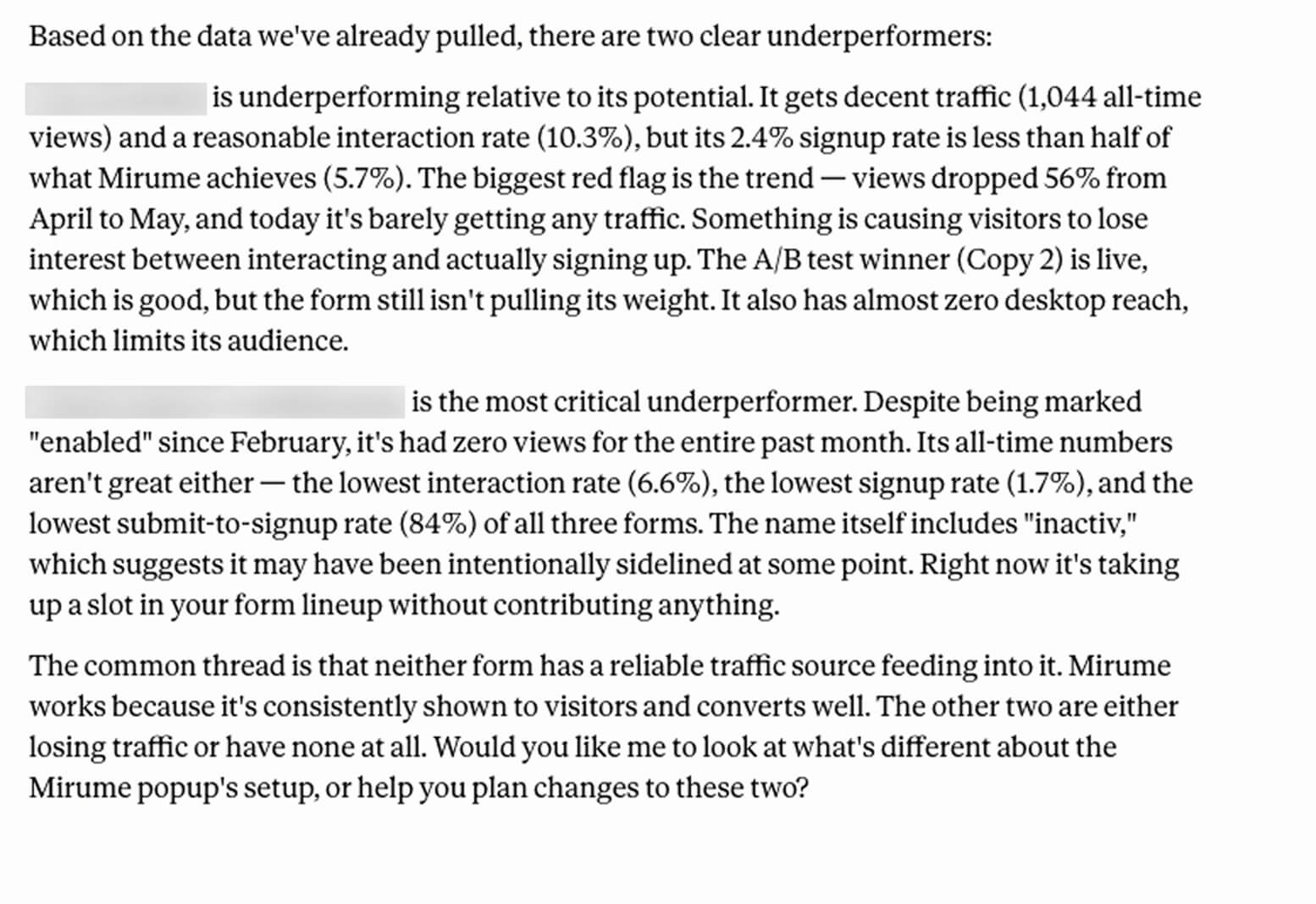 Form performance with Omnisend MCP: Screenshot of a text analysis discussing two website underperformers: one with steady traffic but low conversion rates, and another with high signups but no views despite being enabled for months. Both face issues driving user interaction.