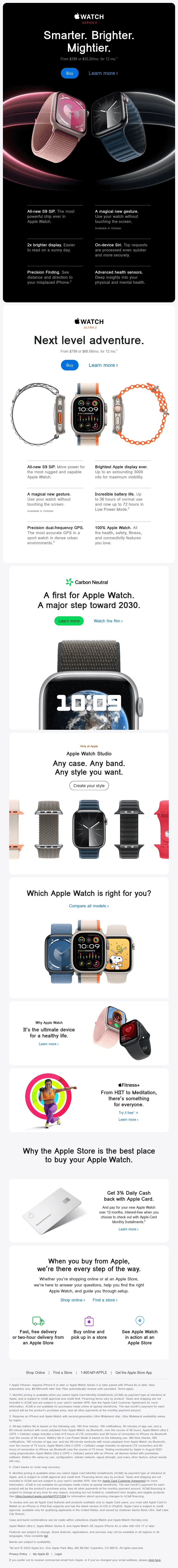 Electronics email marketing: Apple Watch Series 9 promotional image showing watches in various colors and bands, highlighting features like advanced health sensors, customizable faces, brighter display, and Apple Watch SE comparison, with lifestyle and fitness graphics.