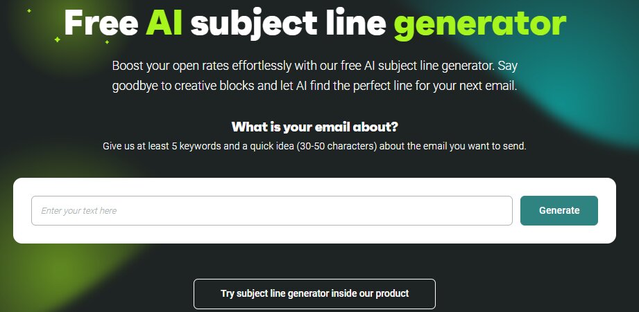 Funny email examples: A website section titled Free AI subject line generator with a description, a text box for entering at least 5 keywords, and a green Generate button. A black button below offers to try the generator inside the product.