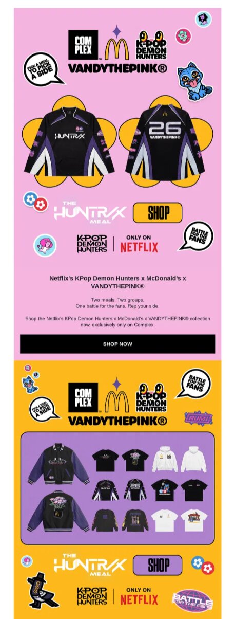 KPop Demon Hunters McDonald’s merch email campaign featuring VANDYTHEPINK apparel