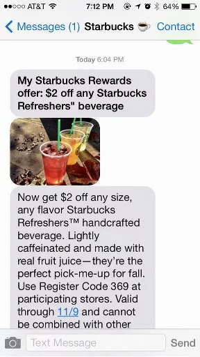 SMS marketing for restaurants: A screenshot of a text message from Starbucks offering $2 off any Starbucks Refreshers beverage, with a photo of three Refreshers drinks. The message includes redemption instructions and an expiration date of 11/9.