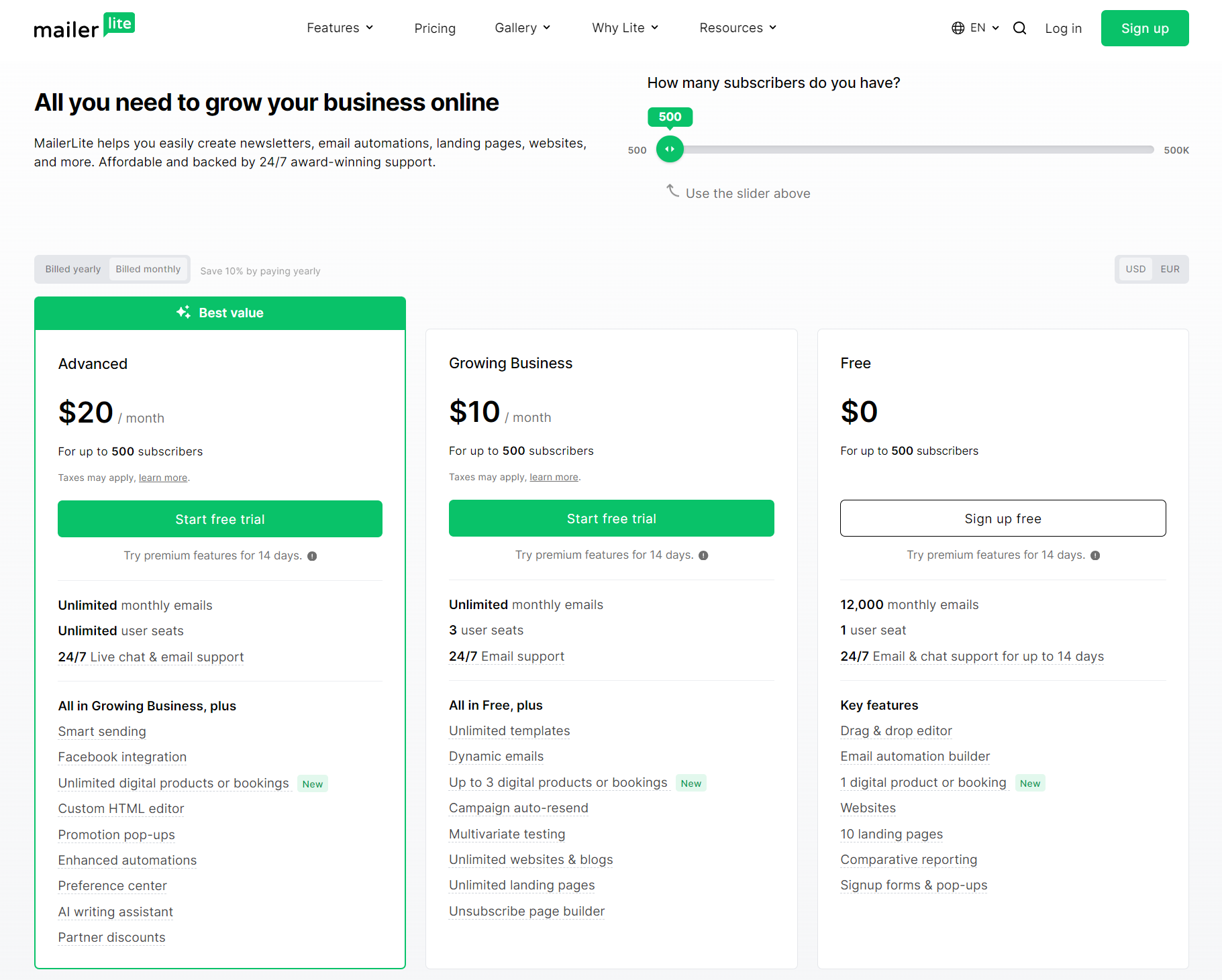 Cheaper than Klaviyo: Screenshot of MailerLites pricing plans page, showing three plans: Advanced ($20/month), Growing Business ($10/month), and Free ($0). Each plan lists its features and subscriber limits for email marketing services.