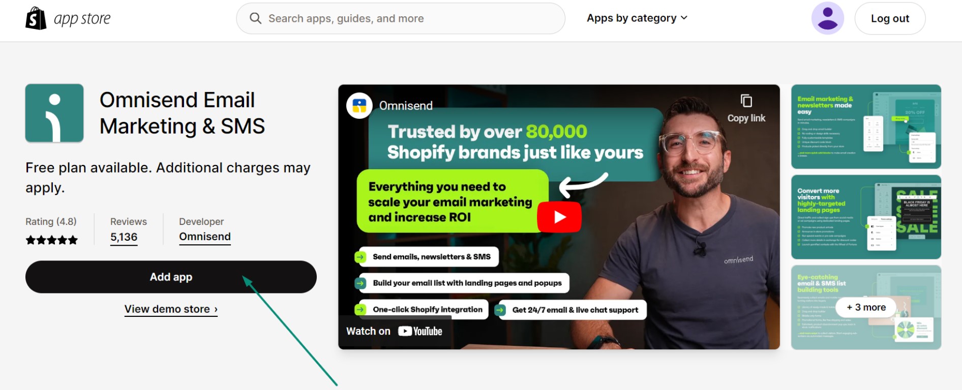 Shopify App Store listing for Omnisend Email Marketing & SMS, showing the rating, reviews, demo video, app screenshots, and Add app button highlighted