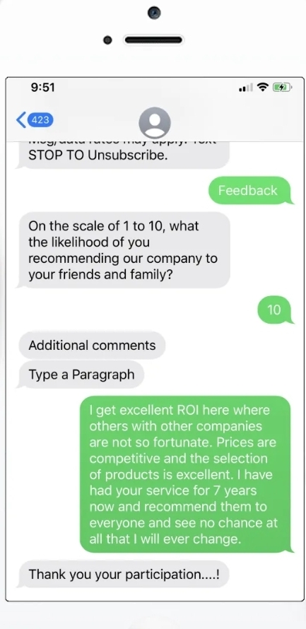 Personalized sms marketing: A smartphone screen shows a text message survey. The company asks for a recommendation rating; the user replies 10 and leaves positive feedback about ROI, prices, selection, and years of satisfaction.