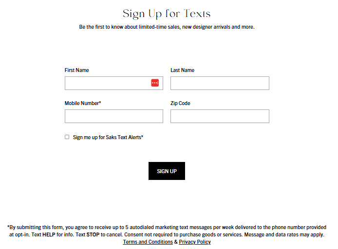 SMS opt-in message examples: A sign-up form titled Sign Up for Texts with fields for first name, last name, mobile number, and zip code; a checkbox for text alerts; and a black Sign Up button below. Terms and conditions are at the bottom.