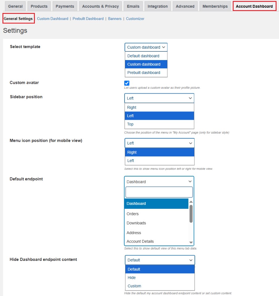 WooCommerce vs. Shopify: Screenshot of a website settings page showing options to customize the account dashboard, including sidebar position, menu icon position, dashboard endpoints, and visibility settings. General Settings and Account Dashboard are highlighted tabs.