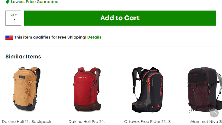 Mobile commerce: Screenshot of an online shopping page showing a green Add to Cart button, free shipping message, and four similar backpacks displayed below in different colors and styles with product names.
