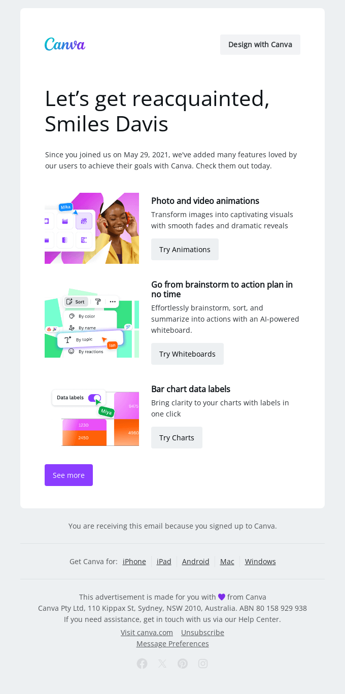 Lifecycle email marketing: A Canva email introduces new features with sections on photo/video animations, whiteboards, and charts. It includes colorful illustrations, a See more button, and app download links at the bottom.