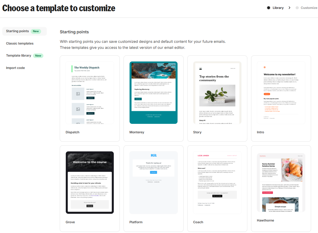 ConvertKit vs Mailchimp: A webpage displays a selection of email templates to customize, arranged in two rows. Template names include Dispatch, Monterey, Story, Intro, Grove, Platform, Coach, and Hawthorne. Menu options appear on the left.