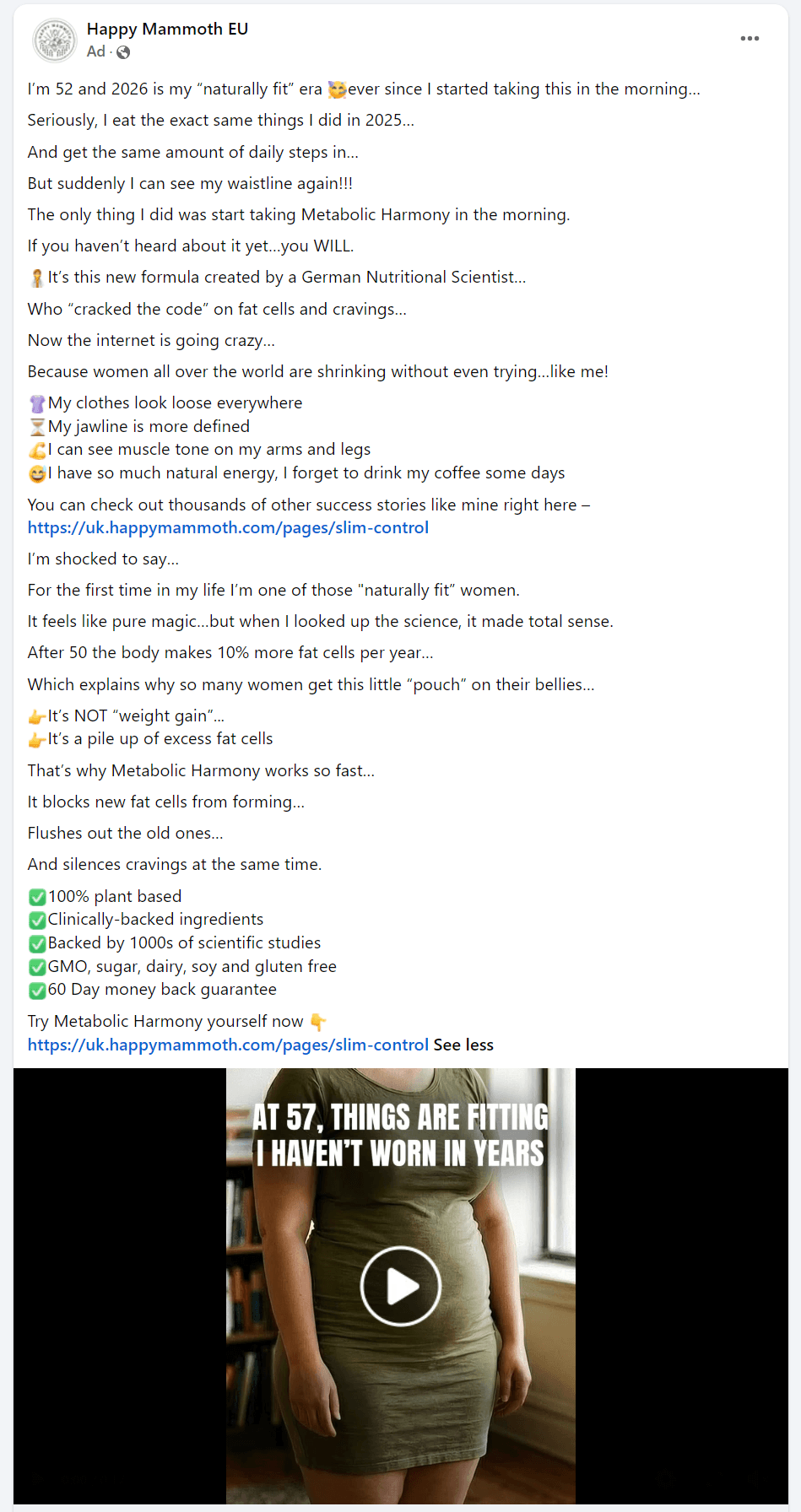 Testimonial advertising: A social media post features a video with the text AT 57, CLOTHES ARE FITTING I HAVENT WORN IN YEARS over an image of a woman in jeans. The caption describes benefits of a daily supplement for women over 50.