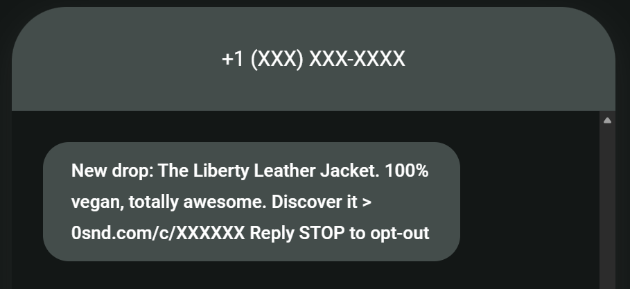 Promotional SMS examples: A text message from an unknown number promotes a vegan leather jacket, including a link to learn more and instructions to reply STOP to opt out.