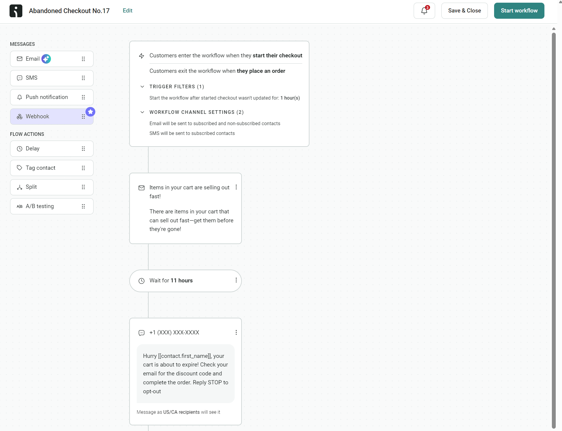 Clothing brand marketing ideas: abandoned checkout workflow on Omnisend featuring email and SMS marketing messages