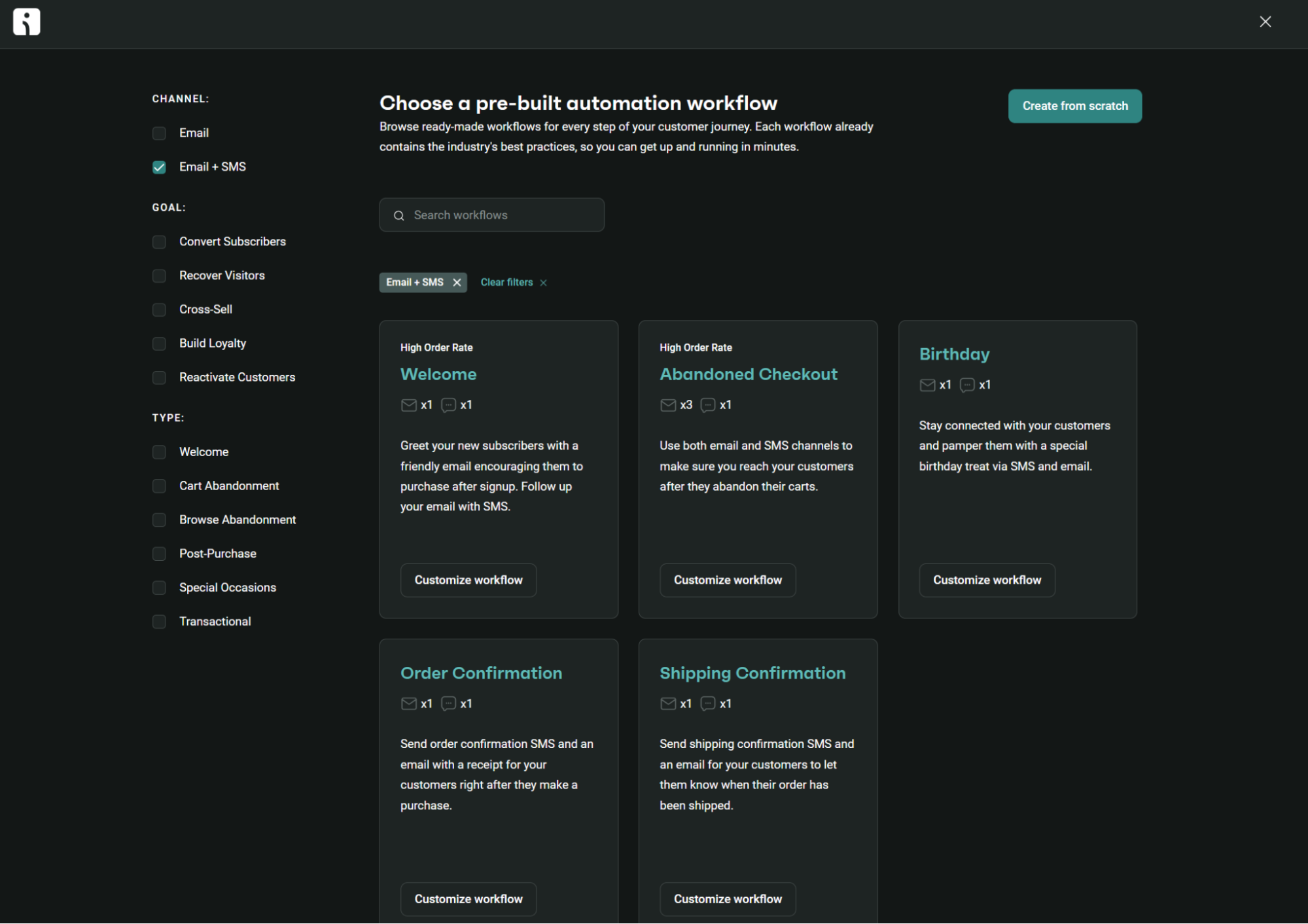 Two-way SMS: Omnisend's interface displays options to choose a pre-built automation workflow for email and SMS, with filters for goals and workflow types. Several workflow cards like Welcome, Abandoned Checkout, and Birthday are shown.