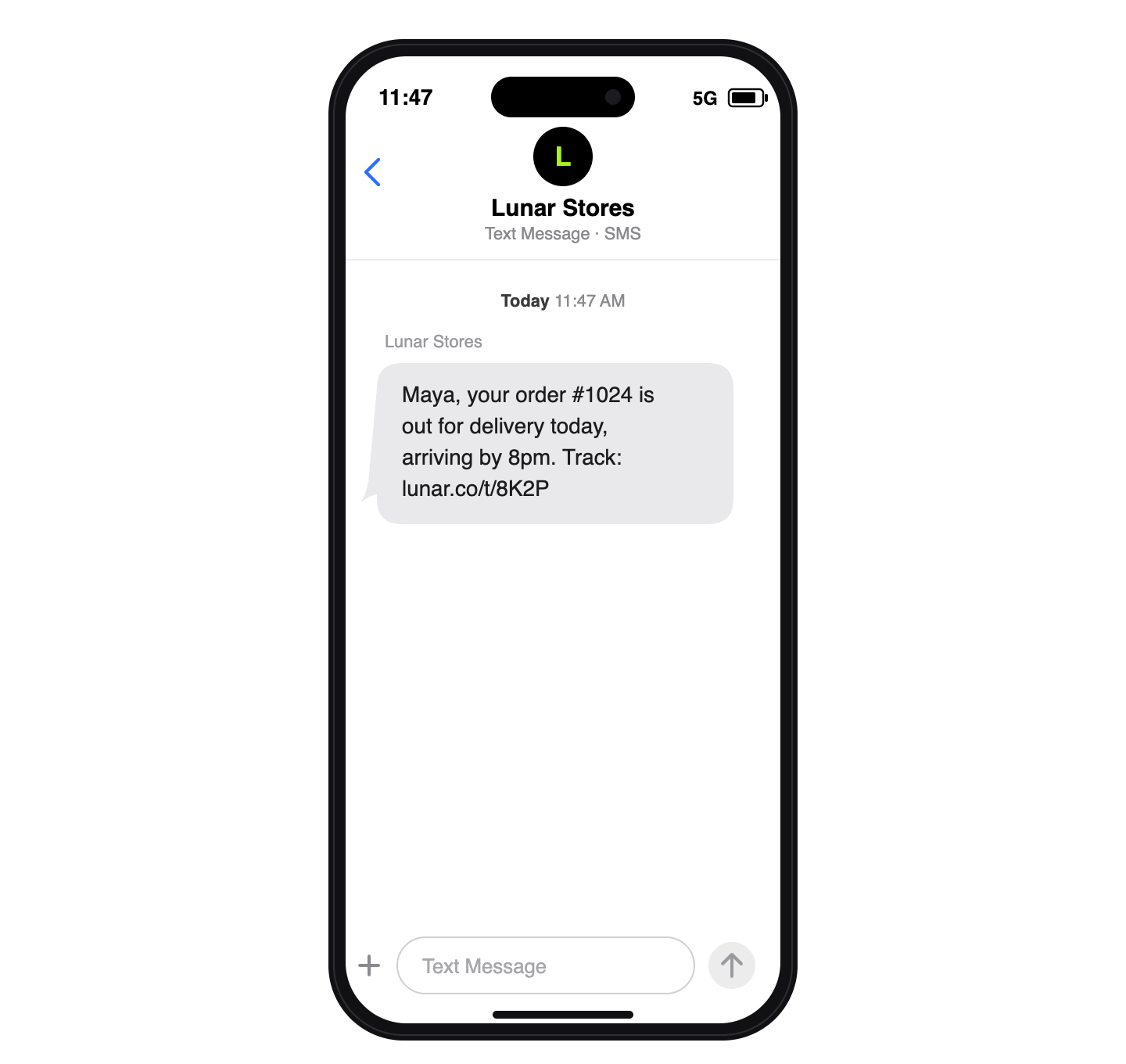 Transactional SMS: A smartphone screen shows a text message from Lunar Stores informing Maya that order #1024 is out for delivery and will arrive by 8pm, with a shortened tracking link provided.