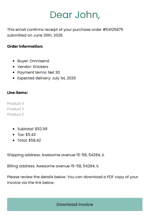 Digital marketing platforms: A purchase receipt email to John confirms order #54125875 from Omnisend to Snickers, detailing items, prices, shipping and billing addresses, and offering a button to download the invoice.