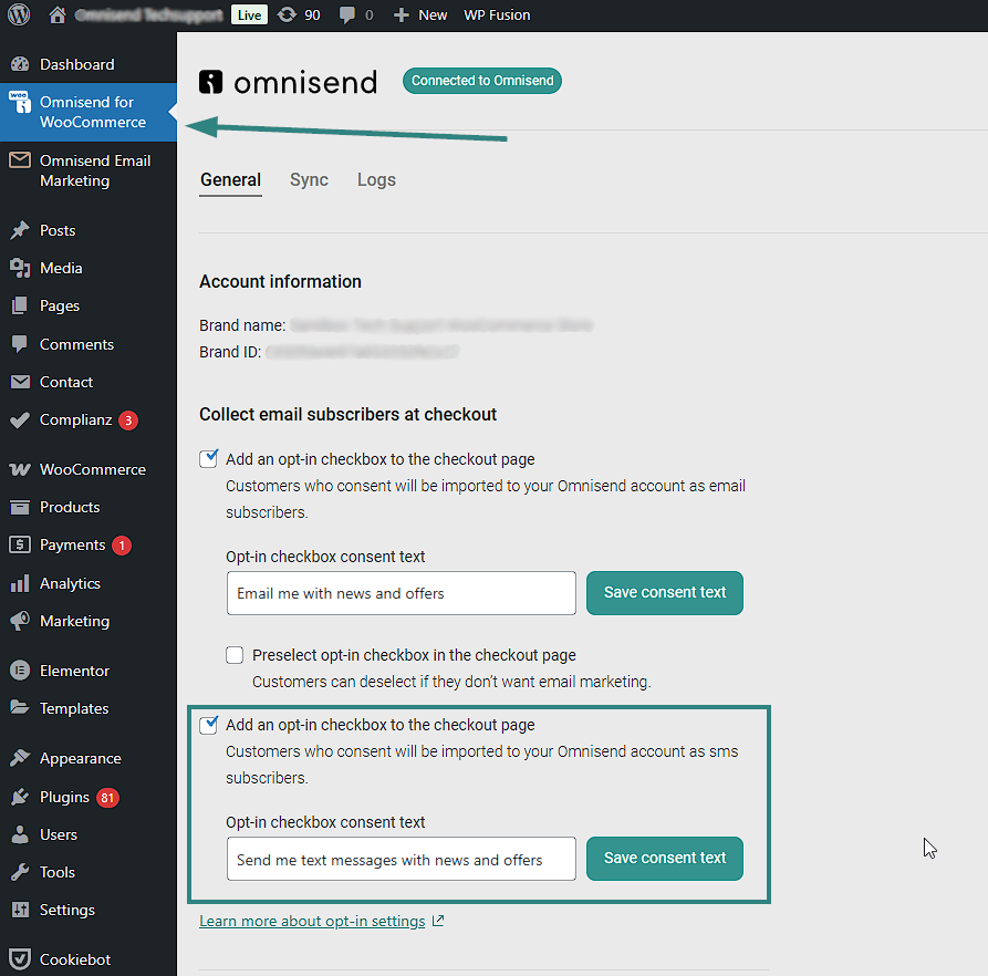 SMS lead generation: Screenshot of the Omnisend for WooCommerce plugin settings page, showing options to add opt-in checkboxes and custom consent text for email and SMS subscriptions during checkout.
