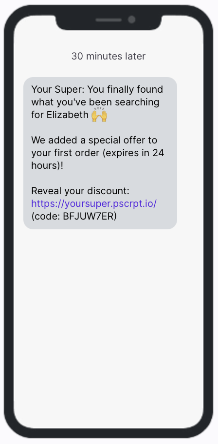 Branded SMS: A smartphone screen displays a message offering a special discount for a first order, with a link and code, addressed to Elizabeth. The message mentions the offer expires in 24 hours.
