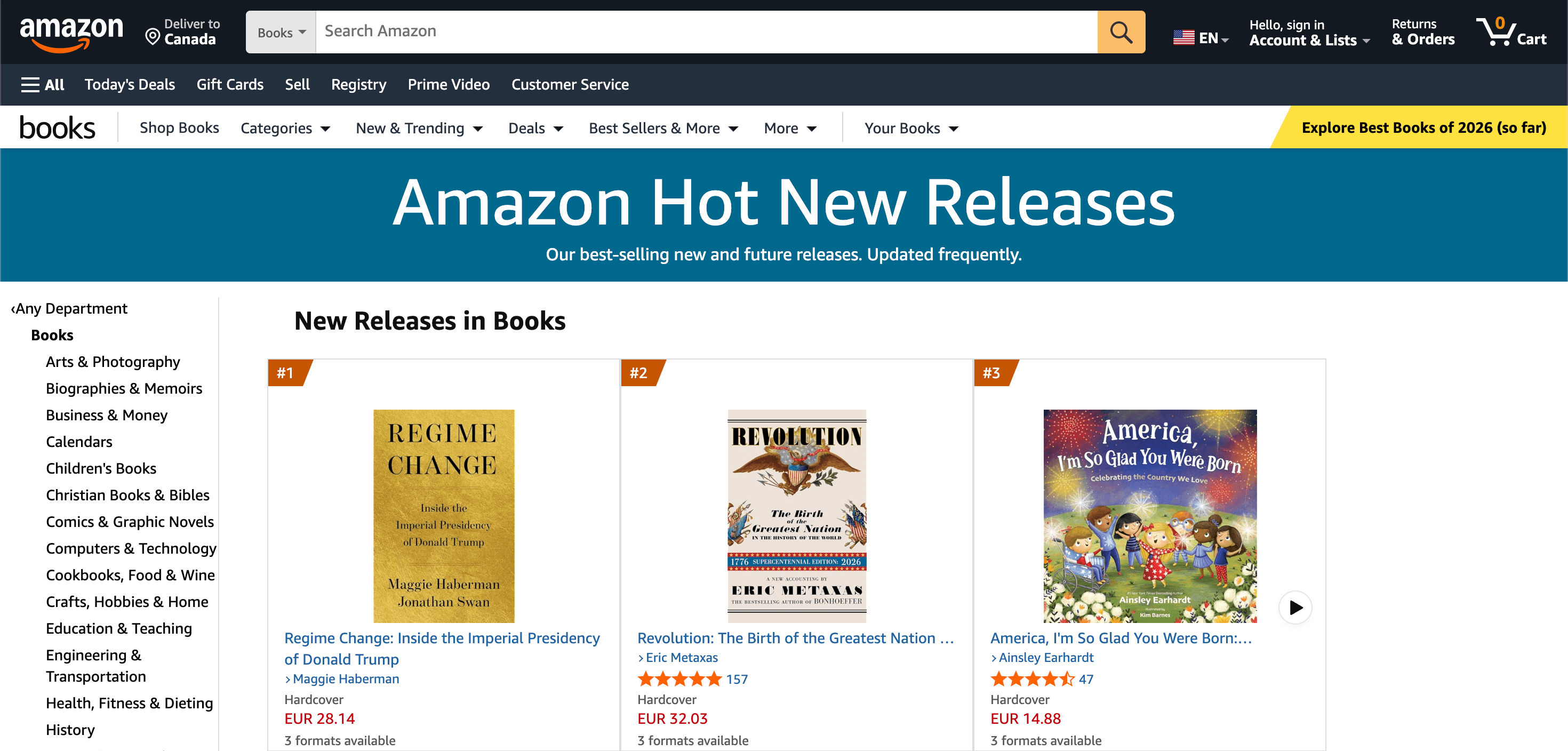 Mobile commerce: Amazon Books homepage showing Hot New Releases with three featured books: Regime Change, Revolution, and America, So Glad You Were Born, each with ratings, prices, and book cover images.