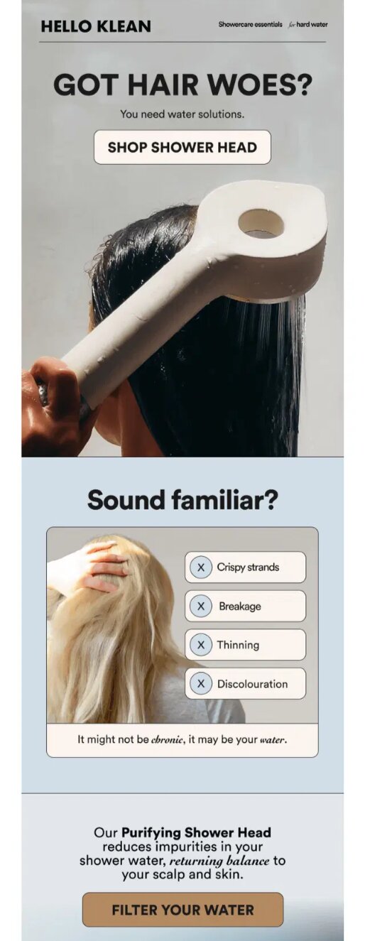 Hello Klean email promotes purifying shower head for hard water hair care