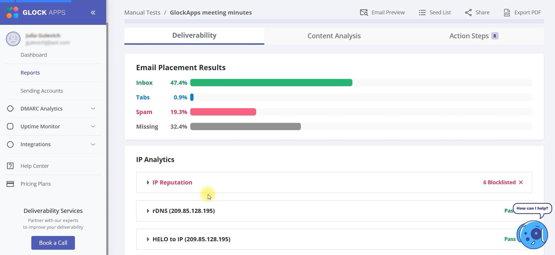 Email deliverability tools: GlockApps dashboard