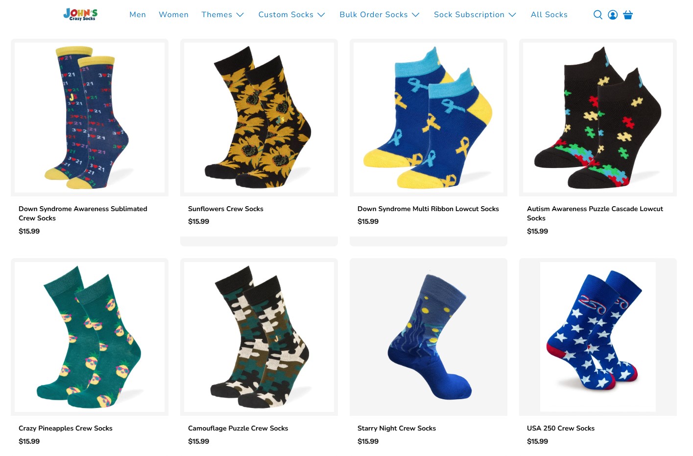 How to make money on Shopify: Screenshot of an online store displaying eight pairs of colorful crew socks with various patterns, including awareness ribbons, sunflowers, puzzle pieces, pineapples, camouflage, stars, and USA-themed designs.
