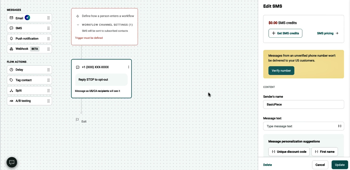 SMS marketing for restaurants: A workflow editor interface shows a process for SMS opt-out. The center shows reply logic for incoming texts, while the right panel allows sending an SMS, editing the message, and viewing SMS credits.