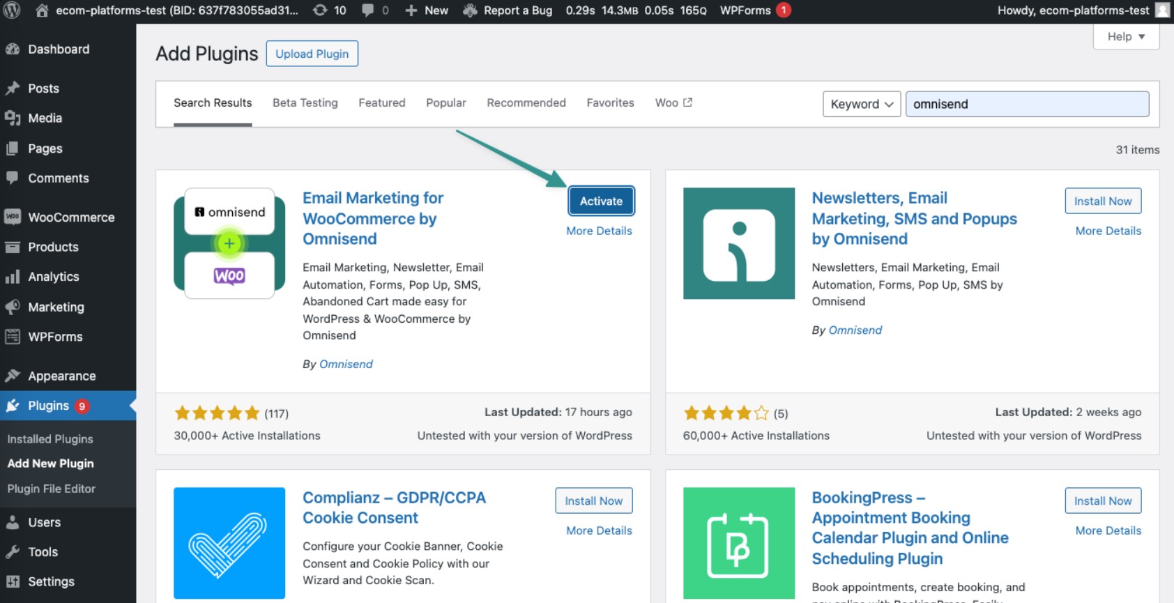 WordPress Add Plugins screen showing search results for Omnisend, with the Email Marketing for WooCommerce by Omnisend plugin and Activate button highlighted