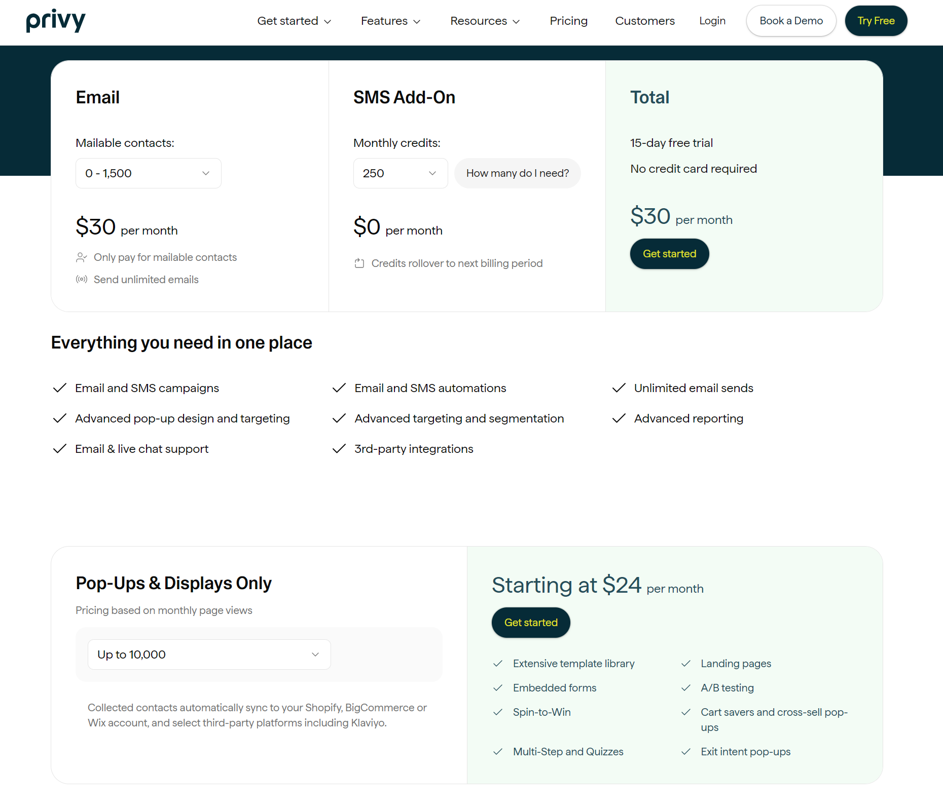 Cheaper than Klaviyo: Screenshot of Privy’s pricing page showing email and SMS marketing plans. Email plan starts at $30/month; SMS add-on starts at $10/month. Features and pop-up displays are compared, with pricing details and green “Get started” buttons.