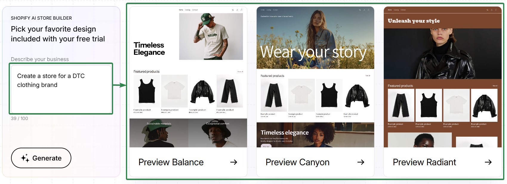 WooCommerce vs. Shopify: Screenshot showing an online store builder interface with three different fashion website templates: Balance, Canyon, and Radiant. Each template displays clothing items and website layouts for a DTC clothing brand.