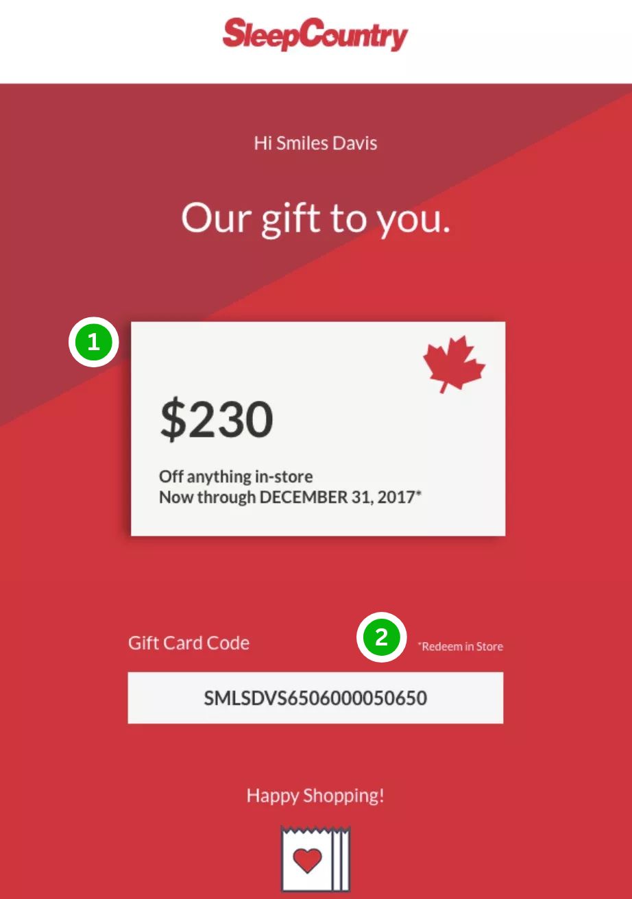 Thank you email template with gift card offer and post purchase reward code