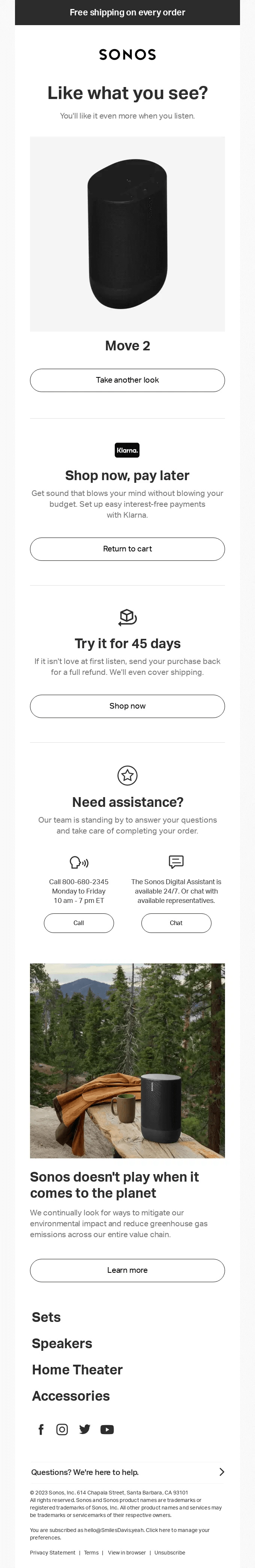 Electronics email marketing: Screenshot of a Sonos promotional email featuring a Move 2 speaker, payment and assistance options, a troubleshooting article, and links to shop speakers, home theater, and accessories. The design is clean with white background.