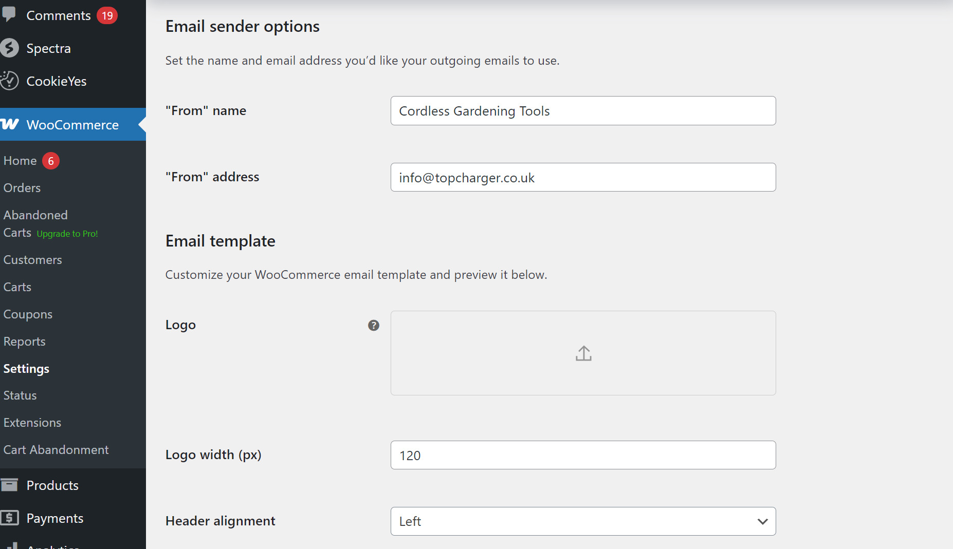 WooCommerce order confirmation email: WooCommerce email settings page showing fields for From name (Cordless Gardening Tools), From address (info@topcharger.co.uk), logo upload, logo width (120 px), and header alignment (Left) options.