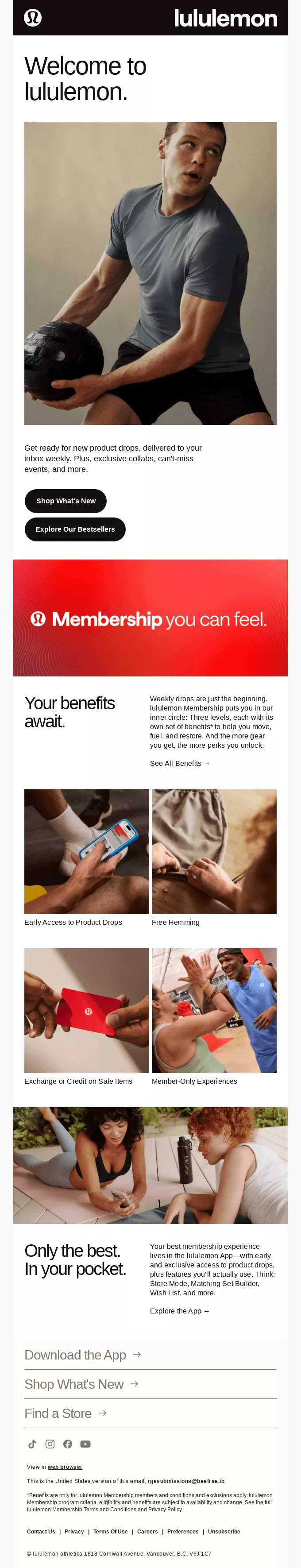 Lifecycle email marketing: A welcome email from lululemon shows a man lifting weights, Member benefits, images of people shopping, using the app, and exercising, plus info about downloading the lululemon app for exclusive offers and content.