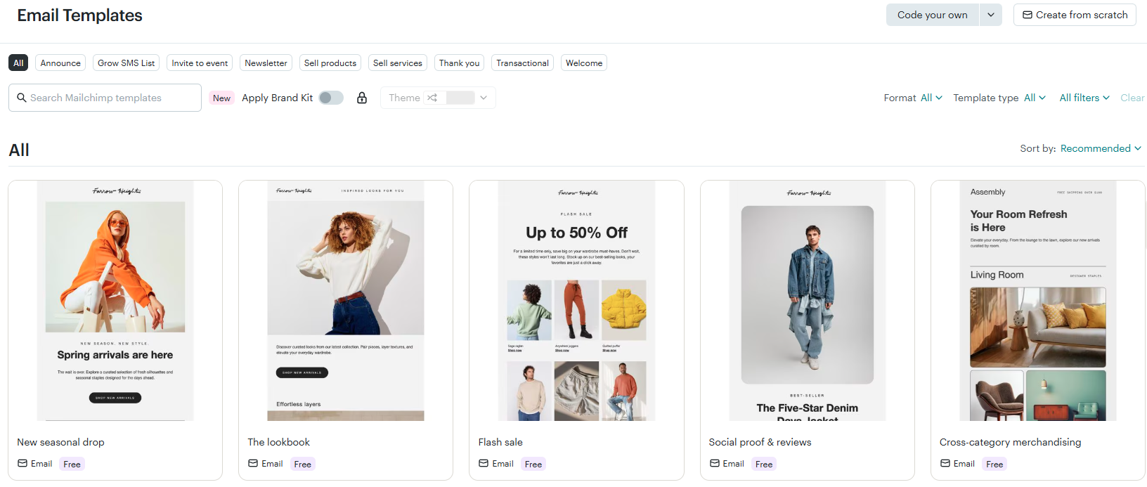 ConvertKit vs Mailchimp: Screenshot of an email templates gallery with various template previews, including ones for spring arrivals, lookbooks, flash sales, product recommendations, and room refresh ideas. Filter and sorting options are visible at the top.