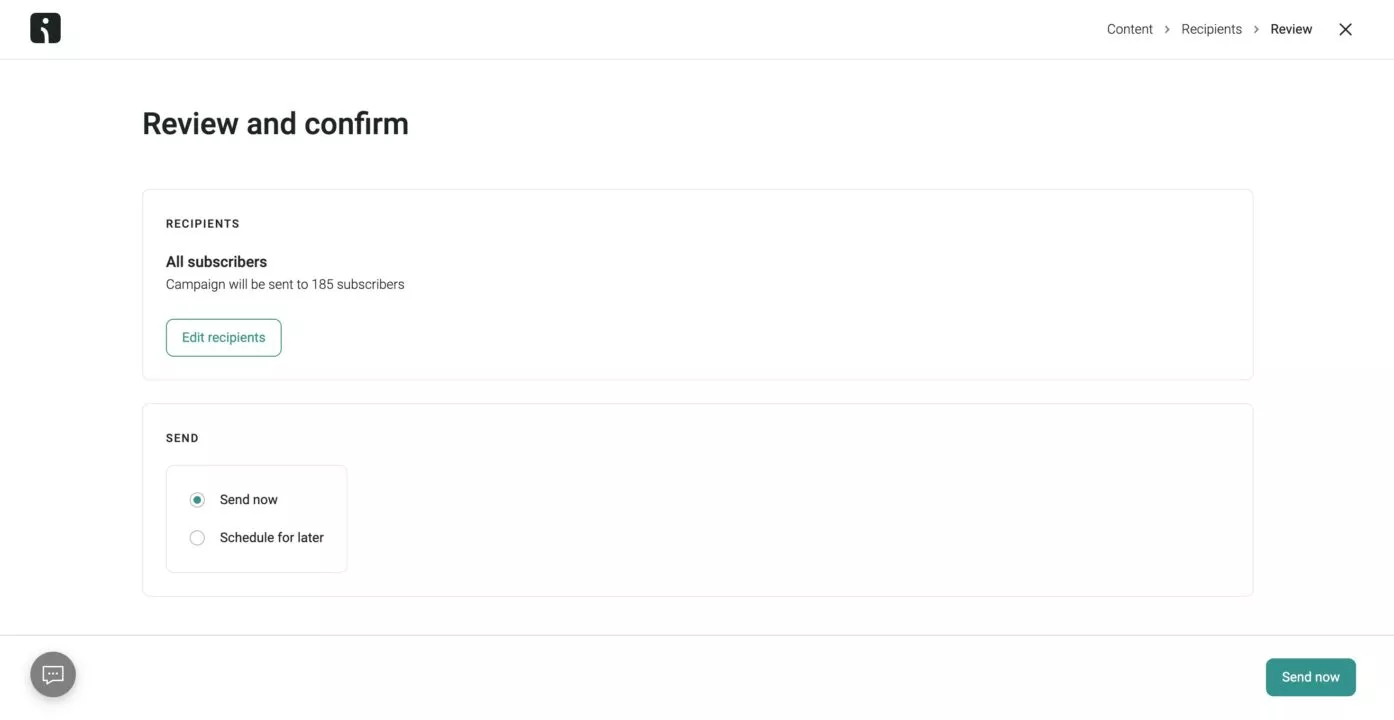 Push notification marketing: A webpage titled Review and confirm shows options to send a campaign to all subscribers. Buttons for editing recipients and choosing to send now or schedule for later are visible.